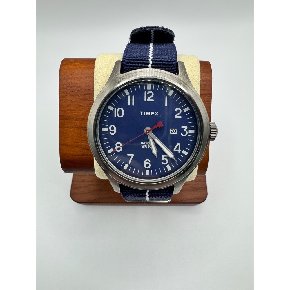 Timex x Express Mens Field Watch Blue Dial Nato Strap Indiglo WR 50M CR2016